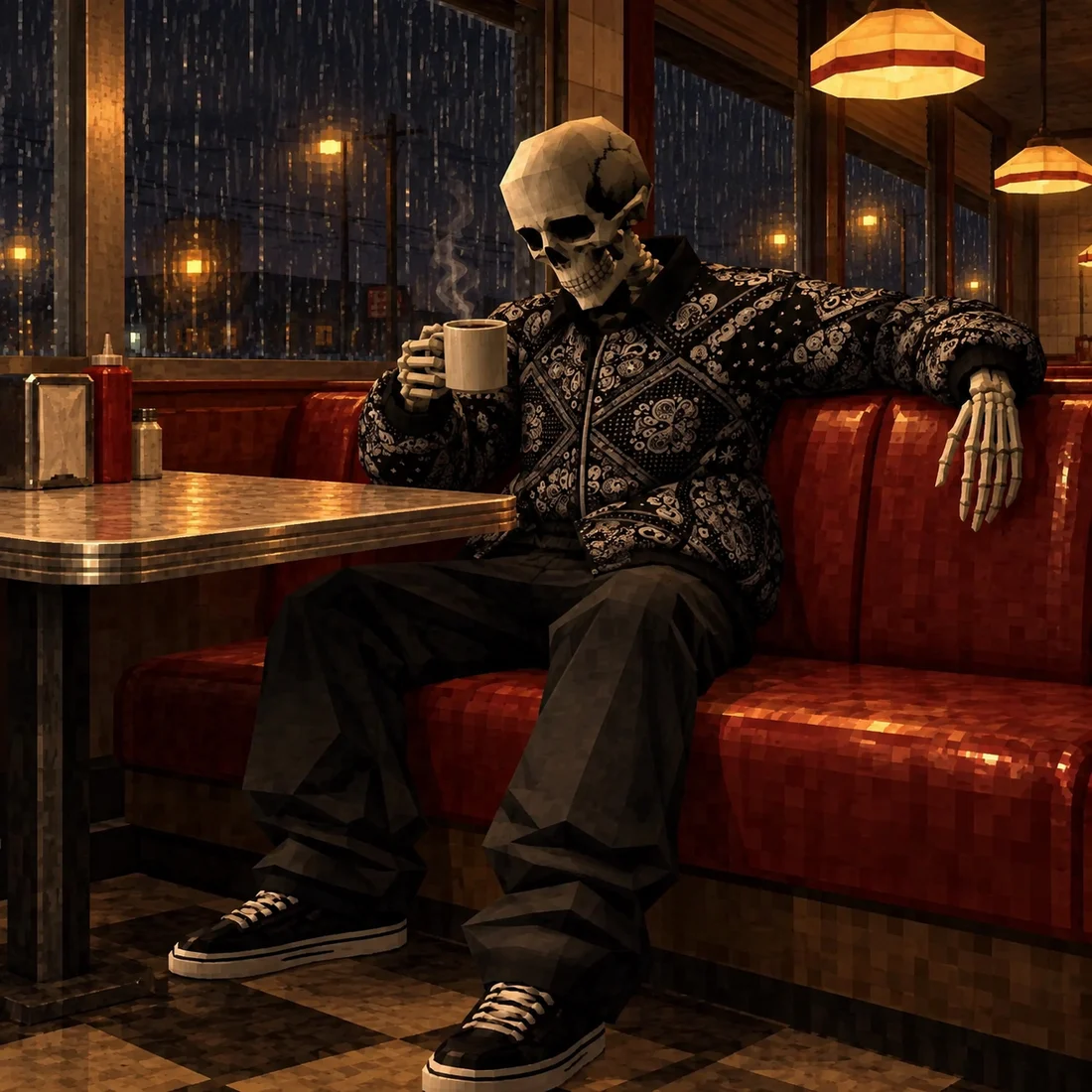 SKU relaxing in a late-night diner